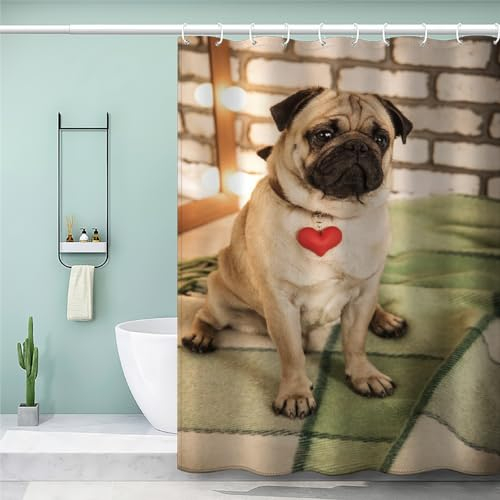 DILANI Anti Schimmel Duschvorhang Mops 240x200 Erwachsene Duschvorhang Hund Tier Wasserdicht Waschbar Polyester Stoff Shower Curtain mit 12 Duschvorhangringe Badewanne Vorhang