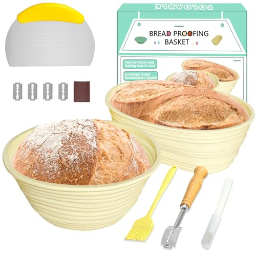 Gärkörbchen, 23cm Rund & 26cm Oval Silikon Gärkorb zum Brotbacken Set, Sauerteig-Starter-Set, inklusive Bäckermesser, Teigschaber und Bratpinsel, Komplettset für Brotbacken -Cremeweiß