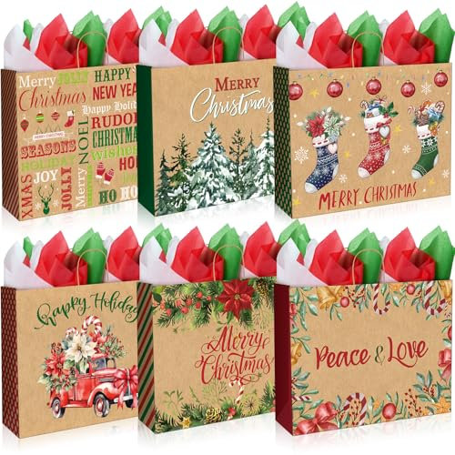 Geschenktüten Weihnachten, 12 Stück Extragroßes Weihnachtstüten Papiertüten mit Griff Seidenpapier, Weihnachts Kraft Geschenktaschen, Zur Aufbewahrung von Geschenken, Gebäck, Partyzubehör (50x38x16cm)