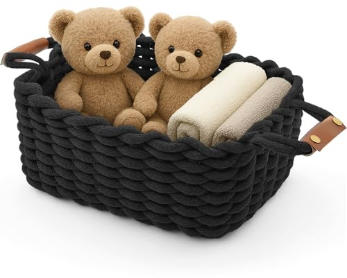 Aufbewahrungskorb Geflochten, Waschbar und Faltbar, Körbchen mit Ledergriffen, Aufbewahrungs box ideal für Accessoires, Kosmetika, das Badezimmer (Schwarz, L33*W22*H15CM)