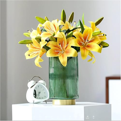 CRBUDY Gefälschte künstliche Blumen Lilie mit Glasvase Vollblüte Blumensträuße Gelbe Calla für Hochzeitsfeier Wohnkultur Blumenarrangements