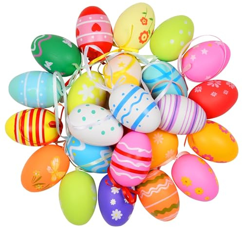 AWCIGG 24 Stück Ostereier zum Aufhängen Plastik Ostereier Deko Osterdeko Draußen Osterschmuck Kunststoff Oster Eier Osterdekoration für Draussen Outdoor Innen Außen Garten Osterbaum