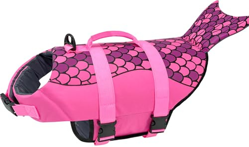 Baipesiy Meerjungfrau-Hundeschwimmweste, rosa Ripstop-Hundeschwimmweste zum Schwimmen und Bootfahren, hoher Auftrieb, verstellbare Haustierweste mit strapazierfähigem Rettungsgriff & D-Ring, für