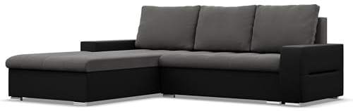 Mebligo - Ecksofa mit Schlaffunktion und Bettkasten Aurora, Eckcouch mit Ottomane Links, Sofa L Form (BxTxH) 243 x 200 x 92 cm, Couch Wohnzimmer, Ecke Sofa, Dunkelgrau + Schwarz (Samt und Kunstleder)