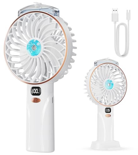 DDHTSAL Ventilateur Portable - 4000mAh Mini Ventilateur Bureau Brumisateur,5 Vitesses,Fan Rechargeable USB avec Base,Affichage LED,Usage Sans Fil,pour Études,Travail,Voyages,Camping,Cadeau d'été