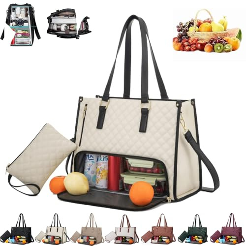 Usper Lunchtasche Damen, Lunch Tote Bag For Office, Handtasche Mit KüHlfach Lunch Tasche 2-In-1 Lunch Bag FüR Unterwegs Arbeit Schule BüRo (Beige)
