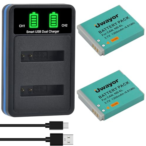 Uwayor2 Pack NB-6L NB-6LH Batterie et Chargeur USB pour Canon PowerShot sx500 is, sx710 HS, sx520 HS, sx530 HS, sx510 HS, S120, sx700 HS, sx610 HS, sx600 HS, D30 et S95 caméras