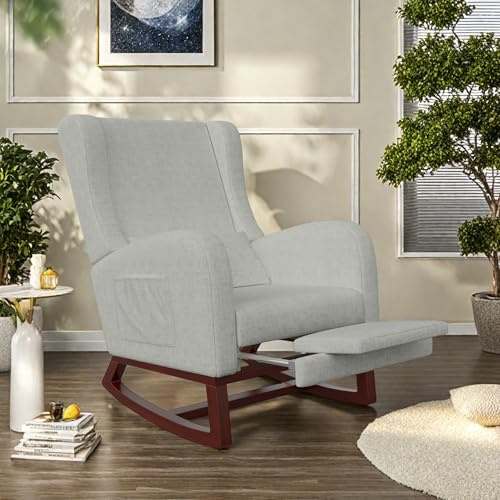 Poeahu - Sillón basculante, silla de lactancia, relax con reposapiés, cojín lumbar y 2 bolsillos laterales, para sala de estar, dormitorio, terciopelo, gris