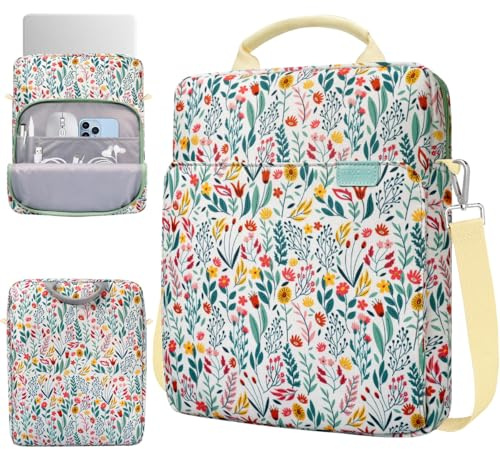 TiMOVO Sacoche Housse 13 Pouces pour MacBook Air, MacBook Neo, iPad Air 13 M3 2025, iPad Pro 13/12.9, Galaxy Tab S9+/S10+/S9 FE Plus 12.4, Bandoulière Amovible et Crochets Métalliques, Fleur