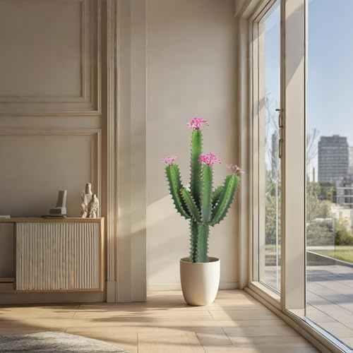 Cactus Artificial, 92 cm Planta Artificial Plantas Cactus Grande, Euphorbia Acrurensis Muy Fácil de Cuidar, Planta Artificial en Maceta Plantas Decoración para el Hogar Jardín Oficina Decoración