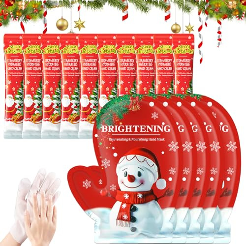 Maschera Mani, 5 Pezzi Maschera Mani Guanti+10 Pezzi Creme manis, Maschere mani di Natale, Idratante Profondo, Rendendo la Pelle Più Liscia, Regalo Natalizio per Famiglia, Gli Amici o Stesso