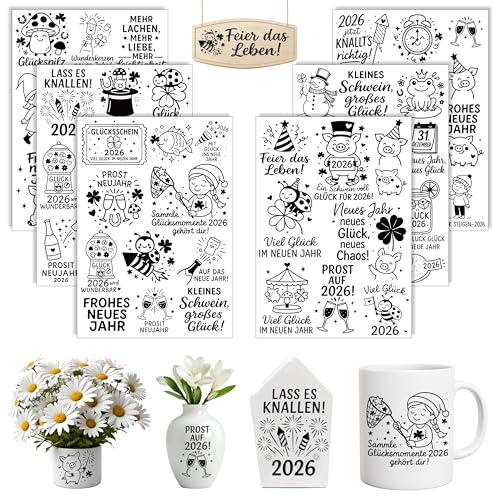 6 Stück A5 Rub On Sticker, Folie Transferaufkleber Silvester Aufkleber | Rub On Deko, für Möbel, Glas, Holz, Scrapbooking, DIY, Basteln, (Silvester)