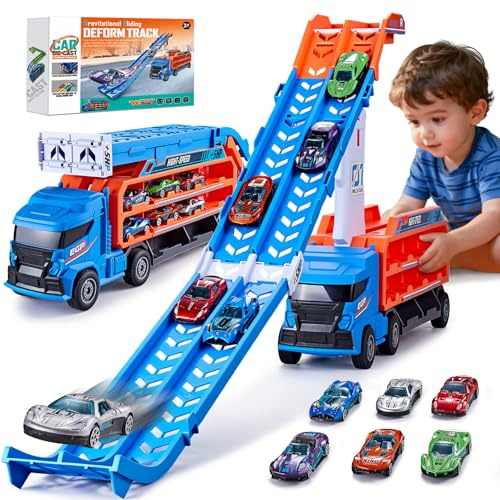 Race Track Truck Toys for 3 4 5 6 Years Old Kids - Carrier Truck Transport Car with 6 Die-Cast Cars Toys, 4-in-1 Truck with 2 Foldable Race Tracks, Christmas Birthday Gifts Toy for Toddler Boys, Blue