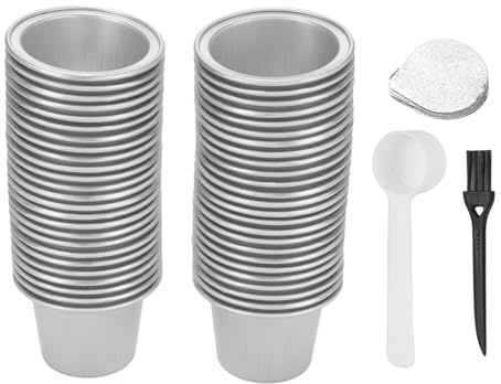 50 Pièces Opercules en Aluminium pour Capsules de Café, Couvercles Autocollants de Haute Qualité Compatibles avec Nespresso Original, Kit de Remplissage avec Cuillère et Brosse (Argent)
