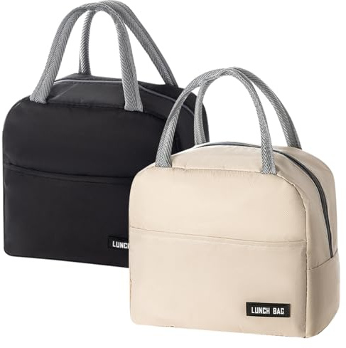 MLPKOI 2 Piezas Bolsa Termica Porta Alimentos, Bolsa Porta Alimentos, Bbolsa Comida Trabajo, Bbolsa Almuerzo, Nevera Portátil Pequeña para Almuerzo, Oficina, Viaje, Pícnic o Colegio (Negro & Caqui)