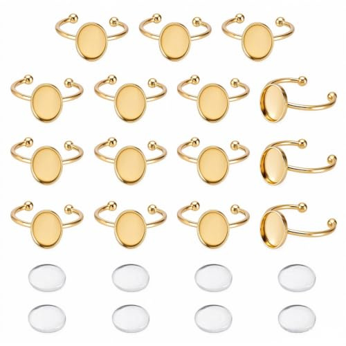 UNICRAFTALE 15 sets de cabujón ovalado de acero inoxidable, componentes de anillo de dedo, con anillos de base planos de 10 mm, bandeja para manualidades, fabricación de joyas, 8x10mm