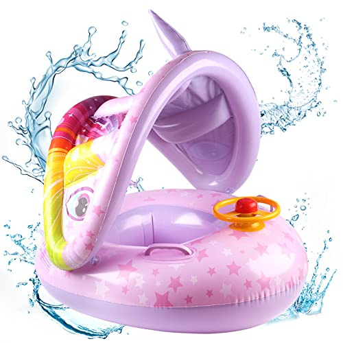 Flotador Bebe Inflable, Anillo de Natación para Niños con Parasol Desmontable y Volante, Flotador De Natación para Bebés,Piscina Hinchables Niños Flotadores,Apto para niños de 6 a 36 Meses