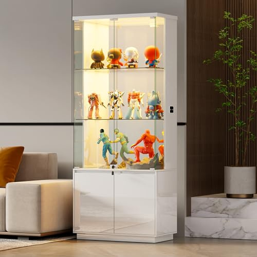 Gurexl 180cm Glass Display Cabinets with 3 Color Lights for Bedroom,White | High Gloss Cupboard Cabinet with Body Sensor,Curio Cabinet with Lockable,Bar Cabinet for Curio,Collection,Trophy,Living Room