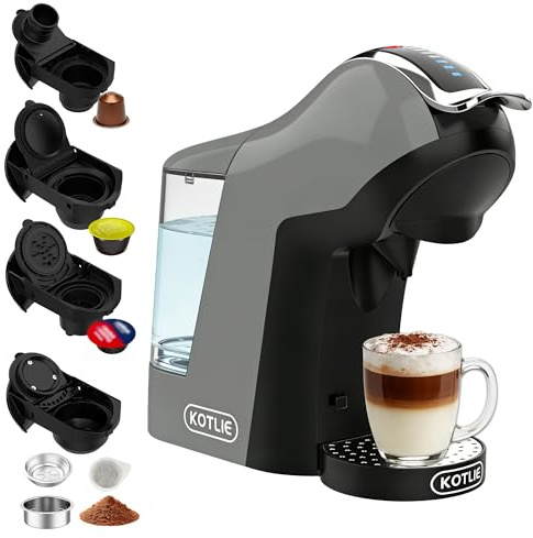 KOTLIE EM-308B Cafetera de cápsulas 5 en 1,19 bar, para Nespresso Original/Dolce Gusto/ESE Pads(44 mm)/café en polvo, depósito de agua de 1 L, 3 temperaturas,7 cantidades de agua, Gris