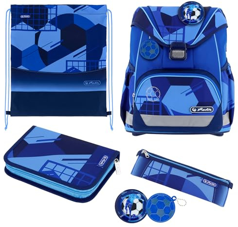 herlitz Schulranzen Set 6-teilig Ultralight Blue Goal 1. Klasse | Blau, 16l, Ergonomisch, Ultraleichte Schultasche, Fußball
