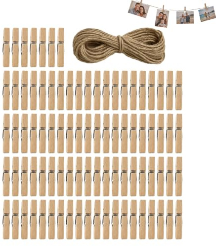 Lot de 150 Mini Pinces à Linge en Bois Naturel (3,0 x 0,6 cm) avec Une Ficelle de Jute de 10 m, idéal pour accrocher Photos, Cartes Postales, vêtements, décoration Murale, projets DIY et événements