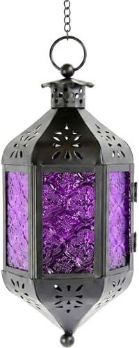 Purpurrote hängende marokkanische Kerzen-Glaslaterne mit Kette | Halloween-Laterne und Vampir-Dekoration, Gothic-Hexe, Whimsigoth Home, Metalllampe, violettes Glas, 30,5 cm lange Kette