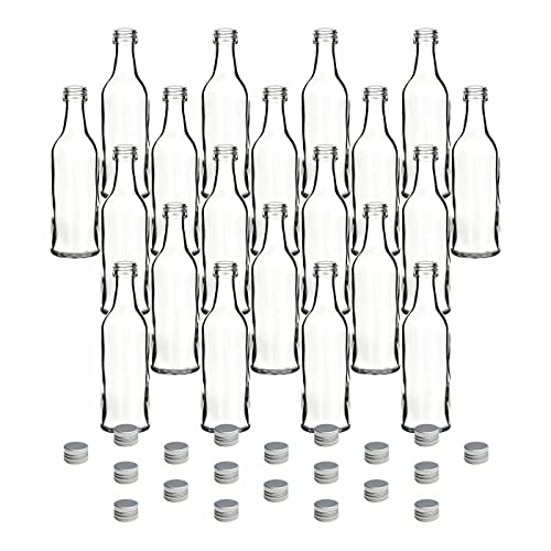 gouveo Juego de 20 botellas de cristal de 50 ml con tapón de rosca, color plateado – Mini botella de 0,05 l para rellenar, botellas de cristal para licor, brandy, aceite o para manualidades