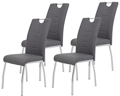 Hela Tische, Andrea Set med 4 matsalsstolar, grå läderbeläggning, kromad rund rörram, 100 x 43 x 64 cm
