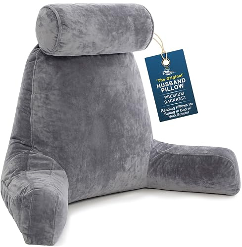 Husband Pillow XXL Reading Pillow with Arms - 30 Tall Backrest for Sitting Up in Bed - Firm Support Bed Rest Pillow for Adults, Neck Roll, Removable Cover - TV, Reading, Lounging - Dark Grey