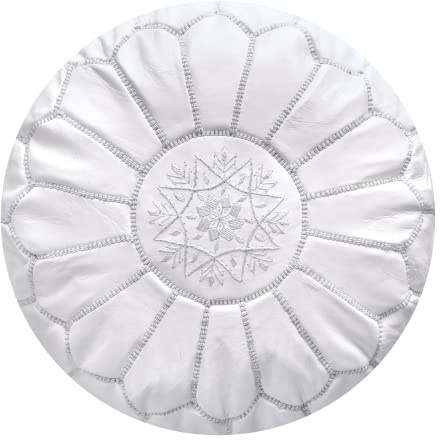 Poufs&Pillows Premium Echt Leder Pouf - Handgefertigt - Gefüllt geliefert - Ottoman, Sitzsack, Fußhocker (Weiß)