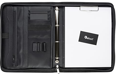 Vebon® Schreibmappe Ringbuch A4 Berlin I Reißverschluss + Klemmbrett I Konferenzmappe + Laptoptasche I extra Stauraum I Schwarz I Kunstleder