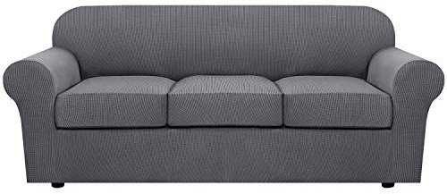 H.VERSAILTEX 4 Piece Stretch Sofa Covers for 3 Cushion Couch Covers for Living Room Furniture Slipcovers (Base Cover Plus 3 Seat Cushion Covers) Upgraded Thicker Jacquard Fabric (Sofa, Grey)