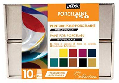 Pébéo - Porcelaine 150 Coffret Collection - Kit Porzellanmalerei - 10 Flakons 45 ml + 1 Cloisonné-Tube 20 ml Gold + 1 Fineliner + Zubehör + Kreativratgeber, Farbsortiment
