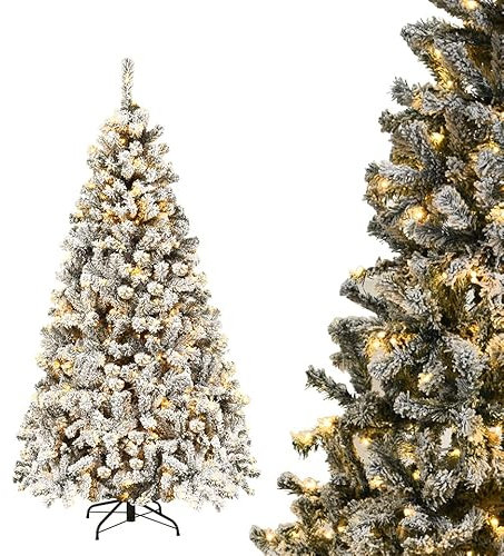 COSTWAY 180/225cm Künstlicher Weihnachtsbaum mit Schnee und warmweißen LED-Leuchten, Tannenbaum mit Metallständer, Christbaum PVC Nadeln, Kunstbaum Weihnachten Klappsystem (180cm)