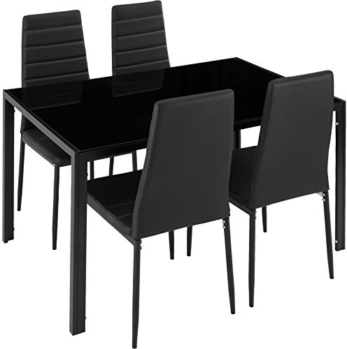 tectake® Matgrupp med 4 stolar tidlöst matbord med bordsskiva av säkerhetsglas, slitstarka stolar i konstläder med hög sittkomfort, snabb montering & lätt att rengöra, perfekt i kök och matsal - Svart