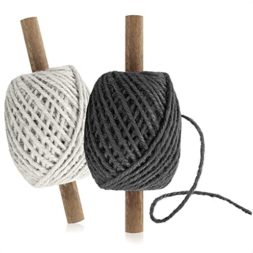 com-four® 2X Bastelschnur auf Holzrolle - hochwertiges Set Geschenkschnur zum Basteln und Verpacken - Jutekordel zum Dekorieren - 30 m je Rolle (02 Stück - weiß + dunkelgrau)