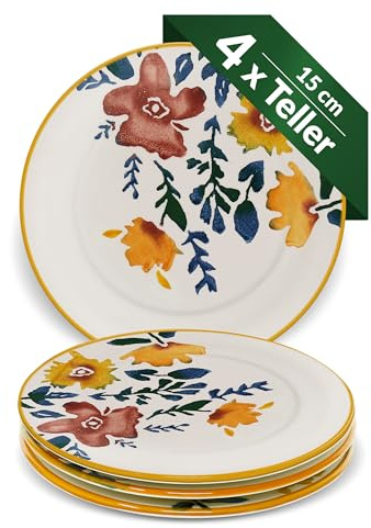Lashuma Speiseteller Keramik bunt, 4er Teller Set 15 cm Ø, Vorspeisenteller klein Blütenfest