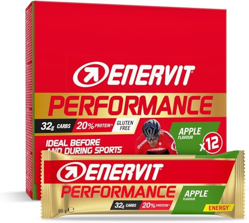 Enervit Performance Bar Apple – Energieriegel, 32 g Kohlenhydrate, 20% Protein, Apfelgeschmack, für langanhaltende Ausdaueraktivitäten, Glutenfrei, 12 Riegel à 60 g