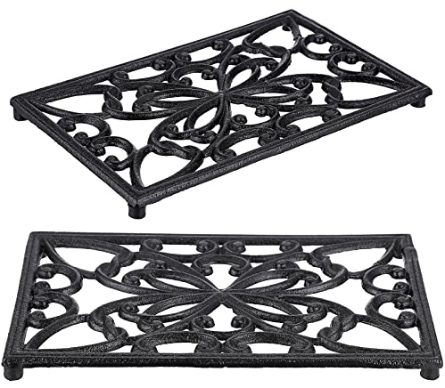 SUMTree 2pcs Rectangle Cast Iron Trivet, Decorative Heavy Duty Hot Pot Holder Mat, Vintage Butterfly Pattern Cast Iron Trivet with Rubber Pegs for Kitchen Dining Table