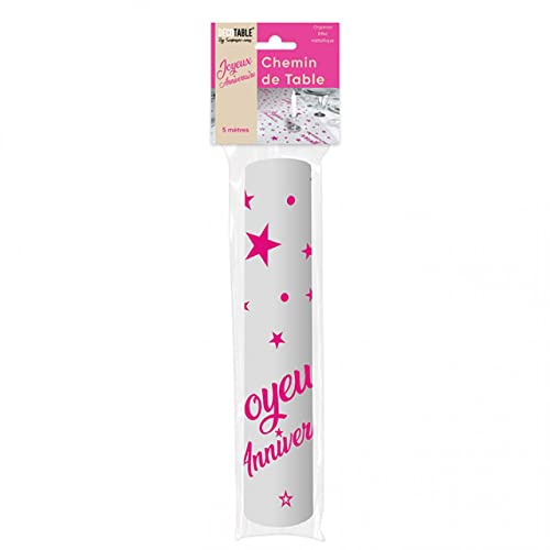 Maelsa® Chemin de Table Joyeux Anniversaire 5 metres Metallise Couleur - Organza Transparent Brillant et Rigide - 500 x 28 cm (Fuchsia)