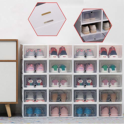 Hanmorfarbi Großes 20er Pack Schuhkarton Klare Schuhaufbewahrungsboxen Plastik Stapelbar Platzsparend Faltbar Schuhregal Sneaker Container Bin Holder,33 * 23 * 14cm pro (20 Weiß)
