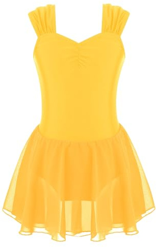 iEFiEL Mädchen Chiffon Ballettkleid Ballett Trikotanzug Ärmellose Tanzkleid Tanzkleid Kinder Ballettanzug mit Rock Gelb 122-128