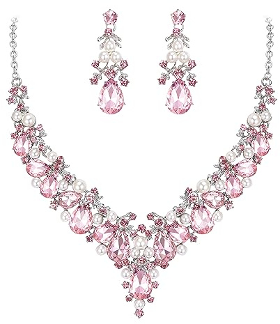 EVER FAITH Kristall Simulierte Perle Braut Blatt Teardrop V Form Halskette Ohrringe Set Rosa Silber-Ton