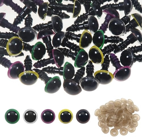 TOAOB 50 Stück 8mm Sicherheitsaugen für Häkeltiere 5 Farben Kunststoff | Knopfaugen mit Unterlegscheiben, für Amigurumi Basteln, Puppenaugen Teddyaugen für DIY Kreative Handwerk