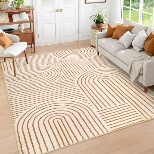 Lahome Abstract Washable Rugs 5x7, Non Slip Soft Living Room Rugs Ultra-Thin Rainbow Bedroom Rug, Non Skid Rug Backing Accent Carpet for Dining Room Office Darrell (5'x7',Orange)