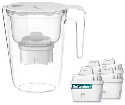 Carafe filtrante Philips +4 cartouches filtrantes de remplacement Anti-calcaire+, JUSQU'À 50% DE RÉDUCTION DE LA DURETÉ EN PLUS, débit rapide, blanc, 2,6 litres, minuterie électronique