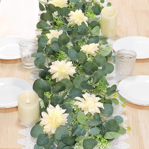 Dremisland Artificial Flower Garland 2 Pack 12Ft Champagne Dahlia Flower Vines Hanging Floral Eucalyptus Greenery Garland Decoration for Wedding Arch Bedroom Home Wall Backdrop Room Decor