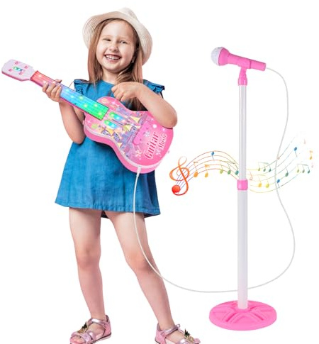 Kids Guitar and Microphone Playset, Musical Guitar Play Set with Adjustable Stand,Toy Guitar Starter Kit with 4 Strings, Electric Guitars Karaoke Toys with Music Lights for Boys Girls