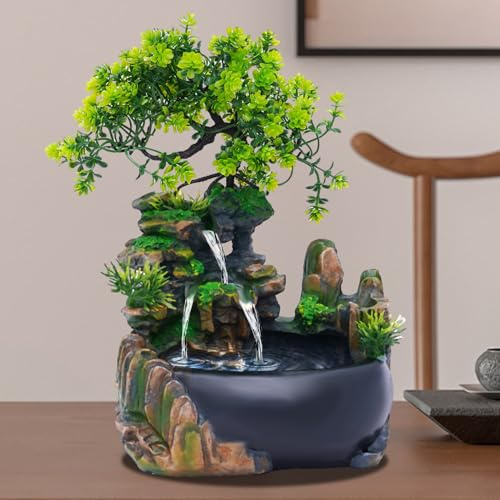 MEELRYD Zimmerbrunnen mit Pflanzen, Grüne Pflanze Brunnen Tischbrunnen Wasserfall Gartenbrunnen Deko für Indoor für Home Office Decor 19 x13 x 28.5 cm