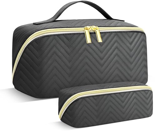 2-teiliges Reise Kosmetiktasche Damen PU Leder Kulturbeutel Set Groß Kosmetiktasche Aesthetic Make up Bag Beauty Bag PU Leather Cosmetic Bag für Kinder Mädchen, Schwarz